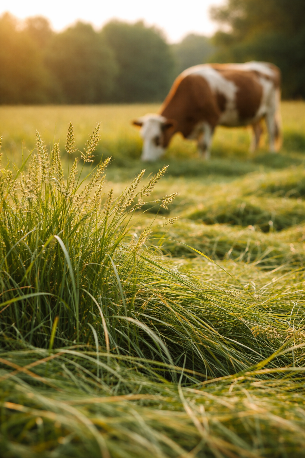 Frisches Heu auf dem Feld mit Kuh im Hintergrund